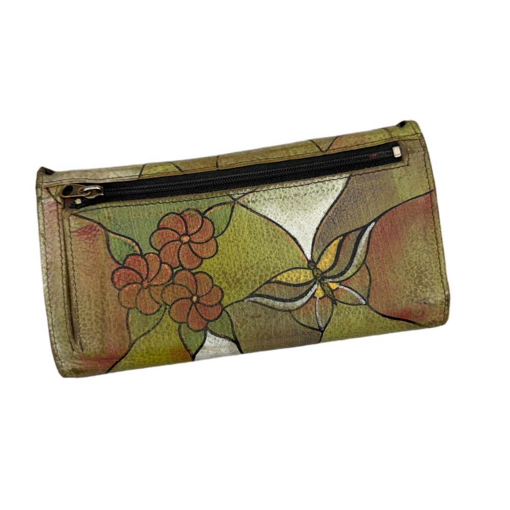 Anuschka Hand Painted Leather Wallet Butterfy Floral Colorful Artsy Snap * - Picture 2 of 10